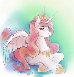 Size: 1535x1600 | Tagged: dead source, safe, artist:antiander, princess celestia, alicorn, pony, g4, female, prone, solo