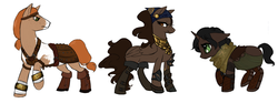 Size: 1409x525 | Tagged: safe, artist:kagetakaidoragon, earth pony, pegasus, pony, unicorn, aveline, bandana, bedroom eyes, boots, bracelet, clothes, crossover, dragon age, female, floppy ears, freckles, headband, hoof boots, isabela, mare, merrill, piercing, ponified, raised hoof, simple background, smiling, trio, white background