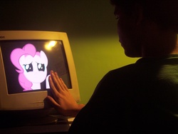 Size: 2856x2142 | Tagged: dead source, safe, artist:martinmouguelar, pinkie pie, human, pony, g4, computer, crt monitor, fourth wall, irl, monitor, photo, ponies in real life, sad, vector