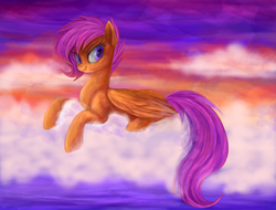 Size: 2202x1672 | Tagged: safe, artist:mn27, scootaloo, pegasus, pony, g4, cloud, female, lying down, mare, older, older scootaloo, on a cloud, prone, smiling, solo, sunset, wings