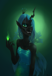 Size: 1399x2035 | Tagged: safe, artist:purmu, queen chrysalis, changeling, changeling queen, anthro, g4, crown, fangs, female, green background, green eyes, horn, jewelry, regalia, simple background, solo