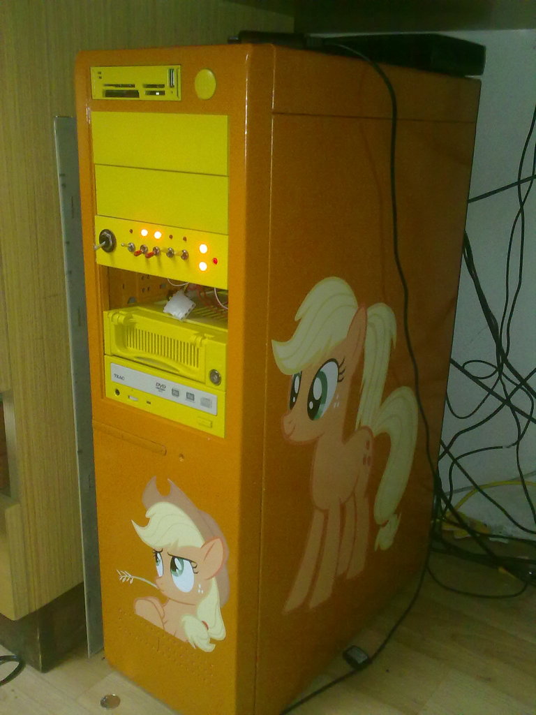 #154250 - safe, applejack, g4, alternate hairstyle, computer, irl ...