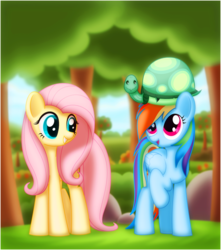Size: 823x930 | Tagged: safe, artist:ctb-36, fluttershy, rainbow dash, tank, pegasus, pony, g4, duo, duo female, female, grass, looking up, mare, open mouth, outdoors, raised hoof, rock, sky, smiling, standing, tree, wings