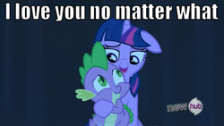 Size: 854x480 | Tagged: safe, edit, edited screencap, screencap, spike, twilight sparkle, g4, my little pony: friendship is magic, the crystal empire, caption, hub logo, image macro, spikelove