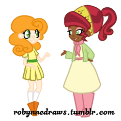 Size: 500x500 | Tagged: safe, artist:robynne, carrot top, cherry jubilee, golden harvest, human, g4, clothes, dark skin, duo, duo female, female, humanized, simple background, transparent background