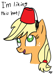 Size: 549x750 | Tagged: safe, artist:datahmedz, applejack, earth pony, pony, g4, accessory swap, bust, female, fez, hat, no pupils, open mouth, portrait, silly, silly pony, simple background, solo, white background