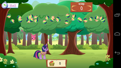 Size: 1280x720 | Tagged: safe, gameloft, twilight sparkle, android, pony, g4, apple, error, female, food, game screencap, glitch, mare, solo, tree, zap apple