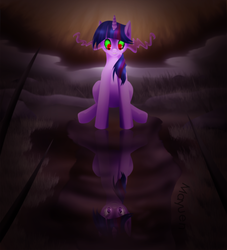 Size: 1452x1600 | Tagged: safe, artist:mayuen, twilight sparkle, g4, dark magic, duality, reflection, sombra eyes