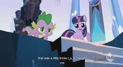 Size: 1569x859 | Tagged: safe, screencap, spike, twilight sparkle, g4, the crystal empire, drugs, lsd, youtube caption, youtube link