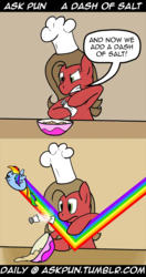 Size: 600x1134 | Tagged: safe, rainbow dash, oc, oc:pun, ask pun, g4, chef's hat, comic, female, hat, rainbow, tumblr