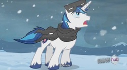 Size: 1549x861 | Tagged: safe, screencap, shining armor, g4, the crystal empire, snow goggles, youtube caption, youtube link