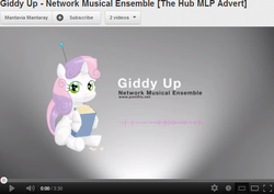 Size: 640x452 | Tagged: safe, sweetie belle, pony, robot, unicorn, g4, blank flank, female, filly, foal, giddy up, hooves, horn, looking at you, meta, music, network music ensemble, sitting, solo, sweetie bot, text, youtube