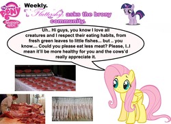 Size: 1152x832 | Tagged: safe, fluttershy, human, pegasus, pony, g4, female, herbivore vs omnivore, mare, meat, twilight asks