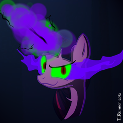 Size: 594x594 | Tagged: safe, artist:dnewt, artist:t.runner, twilight sparkle, pony, unicorn, g4, bust, corrupted, corrupted twilight sparkle, corruption of magic, dark magic, dark twilight, dark twilight sparkle, darklight, darklight sparkle, female, glowing eyes, glowing horn, horn, magic, pixiv, smiling, smirk, solo, sombra eyes, unicorn twilight