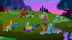 Size: 1280x720 | Tagged: safe, screencap, apple bloom, berry punch, berryshine, big macintosh, bon bon, carrot top, cherry berry, daisy, dizzy twister, flower wishes, golden harvest, lemon hearts, linky, lyra heartstrings, minuette, orange swirl, sassaflash, scootaloo, sea swirl, seafoam, shoeshine, sunshower raindrops, sweetie belle, sweetie drops, twinkleshine, earth pony, pegasus, pony, unicorn, g4, lesson zero, butt, cutie mark crusaders, female, filly, male, mare, plot, stallion, tree