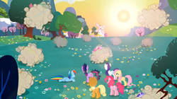 Size: 956x536 | Tagged: safe, screencap, applejack, carrot top, cherry berry, daisy, dizzy twister, flower wishes, fluttershy, golden harvest, lemon hearts, merry may, minuette, orange swirl, pinkie pie, rainbow dash, rarity, sea swirl, seafoam, smarty pants, spring melody, sprinkle medley, twilight sparkle, twinkleshine, g4, lesson zero, ball of violence, brawl, female, mane six