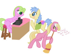 Size: 783x595 | Tagged: safe, artist:otterlore, daisy, flower wishes, goldengrape, lily, lily valley, sir colton vines iii, earth pony, pony, g4, bag, blushing, broom, cash register, daisygrape, female, flower, flower in hair, male, mare, saddle bag, shipping, shop, simple background, stallion, straight, transparent background