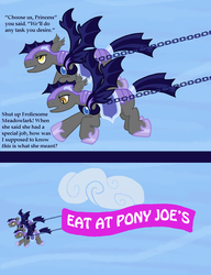 Size: 1000x1300 | Tagged: safe, artist:widsithgrey, oc, oc:frolicsome meadowlark, oc:sunshine smiles (egophiliac), bat pony, pony, banner, chains, cloud, comic, dialogue, flying, hoof shoes, implied donut joe, night guard, sky background, spread wings, text, wings