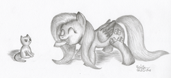 Size: 2000x913 | Tagged: safe, artist:kuroitsubasatenshi, fluttershy, cat, pegasus, pony, g4, duo, eyes closed, feeding, female, folded wings, grayscale, mare, monochrome, mouth hold, pencil drawing, pet bowl, smiling, traditional art, wings