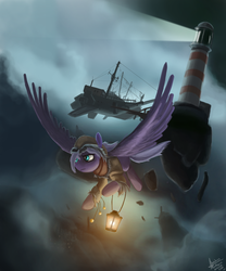 Size: 3750x4500 | Tagged: safe, artist:rublegun, oc, oc only, pegasus, pony, airship, lighthouse, solo