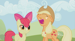 Size: 862x472 | Tagged: safe, artist:capnpea, edit, edited screencap, screencap, apple bloom, applejack, g4, fimbriae, wat