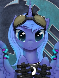Size: 1200x1600 | Tagged: safe, artist:xn-d, princess luna, alicorn, pony, g4, abstract background, boots, bust, close-up, female, goggles, looking at you, portrait, raver, s1 luna, shoes, solo