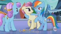 Size: 1557x861 | Tagged: safe, screencap, fleur de verre, rainbow dash, sapphire joy, crystal pony, pony, g4, the crystal empire, image macro, meme, thousand yard stare, youtube caption, youtube link