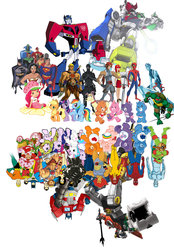 Size: 900x1291 | Tagged: safe, applejack, butterscotch (g3), fluttershy, rainbow dash, star catcher, twilight sparkle, pony, unicorn, g3, g4, butterscotch, care bears, cheer bear, g.i. joe, g3 to g4, generation leap, grumpy bear, he-man, justice league, male, pound puppies, rule 63, share bear, spider-man, strawberry shortcake, strawberry shortcake (character), super friends, teenage mutant ninja turtles, tenderheart bear, thundercats, transformers, unicorn twilight, voltron