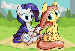 Size: 1336x915 | Tagged: safe, artist:php27, artist:tggeko, fluttershy, rarity, pegasus, pony, unicorn, g4, cute, duo, duo female, female, hair ribbon, hair styling, mare, mouth hold, raribetes, ribbon, shyabetes, sitting