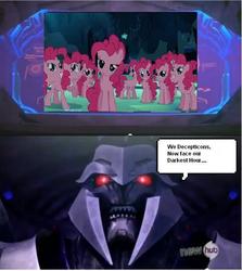 Size: 538x603 | Tagged: safe, edit, edited screencap, screencap, pinkie pie, g4, too many pinkie pies, clone, fun fun fun, hub logo, megatron, meme, pinkie clone, transformers