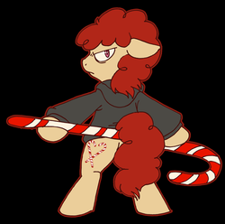 Size: 500x496 | Tagged: safe, artist:oh-what-a-twist, twist, earth pony, pony, g4, bipedal, bitter sweets, black background, candy cane, clothes, hoodie, looking back, simple background, solo