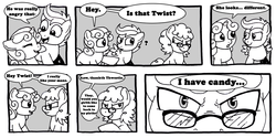 Size: 900x450 | Tagged: safe, artist:oh-what-a-twist, scootaloo, sweetie belle, twist, earth pony, pegasus, pony, unicorn, g4, bitter sweets, comic, female, filly, glasses, monochrome, this will end in tears