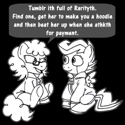 Size: 600x600 | Tagged: source needed, safe, artist:oh-what-a-twist, artist:putuk, scootaloo, twist, earth pony, pegasus, pony, ask scootabot, g4, bitter sweets, black background, clothes, female, glasses, hoodie, looking at each other, looking at someone, scootabot, simple background, sitting