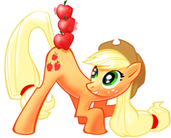 Size: 900x726 | Tagged: safe, artist:shadow-rhapsody, applejack, earth pony, pony, g4, apple, balancing, female, looking back, mare, simple background, smiling, solo, transparent background