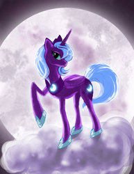 Size: 900x1165 | Tagged: safe, artist:shadow-rhapsody, princess luna, alicorn, pony, g4, backlighting, cloud, female, glowing, mare, moon, raised hoof, s1 luna, solo