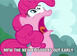 Size: 2048x1500 | Tagged: safe, edit, edited screencap, screencap, pinkie pie, earth pony, pony, g4, too many pinkie pies, caption, episode, female, hype, image macro, mare, pinkie frogmouth, solo, text