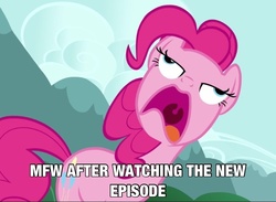 Size: 1024x748 | Tagged: safe, edit, edited screencap, screencap, pinkie pie, earth pony, pony, g4, too many pinkie pies, caption, episode, faic, female, hype, image macro, mare, pinkie frogmouth, solo