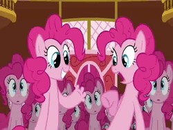 Size: 384x288 | Tagged: safe, screencap, pinkie pie, earth pony, pony, g4, too many pinkie pies, clone, female, finger, fun fun fun, gasp, hand, hoof fingers, mare, multeity, pinkie clone, too much pink energy is dangerous
