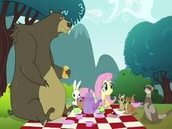 Size: 384x288 | Tagged: safe, screencap, angel bunny, fluttershy, bear, squirrel, g4, too many pinkie pies, picnic, wrong aspect ratio