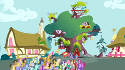 Size: 1920x1080 | Tagged: safe, edit, edited screencap, screencap, amethyst star, berry punch, berryshine, blues, carrot top, cherry berry, cherry fizzy, cloud kicker, compass star, cool star, daisy, diamond mint, dizzy twister, doctor whooves, flower wishes, fluttershy, golden harvest, lemon hearts, lucky clover, lyra heartstrings, minuette, mr. waddle, noteworthy, orange blossom, orange swirl, parasol, prim posy, rarity, serena, sparkler, spike, spring melody, sprinkle medley, starburst (character), time turner, twilight sparkle, twinkleshine, written script, dragon, earth pony, pegasus, pony, unicorn, g4, season 3, too many pinkie pies, background pony, butt, circled, crowd, female, golden oaks library, male, mare, plot, stallion, unicorn twilight