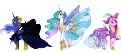 Size: 3531x1552 | Tagged: dead source, safe, artist:matrosha123, princess cadance, princess celestia, princess luna, alicorn, pony, g4, clothes, dress, female, gala dress, mare, pretty princess, royal sisters, siblings, simple background, sisters, transparent background