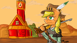 Size: 1366x768 | Tagged: safe, artist:morrisoncamaro, applejack, earth pony, anthro, g4, parody, red dead redemption