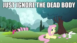 Size: 1280x720 | Tagged: safe, edit, edited screencap, screencap, angel bunny, fluttershy, pinkie pie, pegasus, pony, rabbit, g4, too many pinkie pies, animal, caption, female, image macro, mare, meme, sitting, text, tree