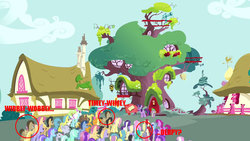Size: 1280x720 | Tagged: safe, edit, edited screencap, screencap, amethyst star, berry punch, berryshine, blues, carrot top, cherry berry, cherry fizzy, cloud kicker, compass star, cool star, daisy, diamond mint, dizzy twister, doctor whooves, flower wishes, fluttershy, golden harvest, lemon hearts, lucky clover, lyra heartstrings, minuette, mr. waddle, noteworthy, orange blossom, orange swirl, parasol, prim posy, rarity, serena, sparkler, spike, spring melody, sprinkle medley, starburst (character), stormfeather, time turner, twilight sparkle, twinkleshine, written script, dragon, earth pony, pegasus, pony, unicorn, g4, too many pinkie pies, background pony, cappuccino, circled, clone, crowd, female, golden oaks library, group shot, image macro, male, mare, stallion, unicorn twilight