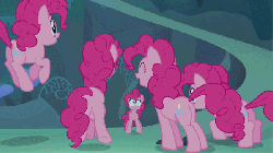 Size: 600x336 | Tagged: safe, screencap, pinkie pie, g4, too many pinkie pies, animated, butt, clone, female, fun fun fun, loop, multeity, pinkie clone, plot, too much pink energy is dangerous