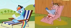 Size: 806x320 | Tagged: safe, screencap, rainbow dash, g4, too many pinkie pies, beach chair, chair, comparison, ed edd n eddy, eddy (ed edd n eddy), pop goes the ed, sunbathing, sunglasses, tanning mirror