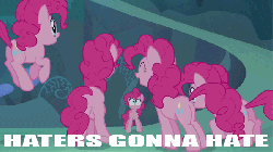Size: 600x336 | Tagged: safe, edit, edited screencap, screencap, pinkie pie, g4, too many pinkie pies, animated, butt, clone, female, fun fun fun, haters gonna hate, image macro, loop, multeity, pinkie clone, plot, too much pink energy is dangerous