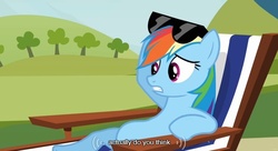 Size: 639x348 | Tagged: safe, screencap, rainbow dash, g4, too many pinkie pies, beach chair, chair, sunglasses, youtube caption