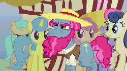 Size: 640x360 | Tagged: safe, screencap, bon bon, dizzy twister, doctor whooves, haymish, lemon hearts, linky, orange swirl, pinkie pie, rainbowshine, shoeshine, sunshower raindrops, sweetie drops, time turner, twinkleshine, earth pony, pony, g4, season 3, too many pinkie pies, animated, background pony, beard, clone, clothes, disguise, facial hair, female, frown, gif, hat, male, mare, pinkie clone, pronking, stallion, straw hat