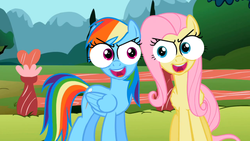 Size: 768x432 | Tagged: safe, edit, edited screencap, screencap, fluttershy, rainbow dash, g4, may the best pet win, my little pony: friendship is magic, faic, special eyes